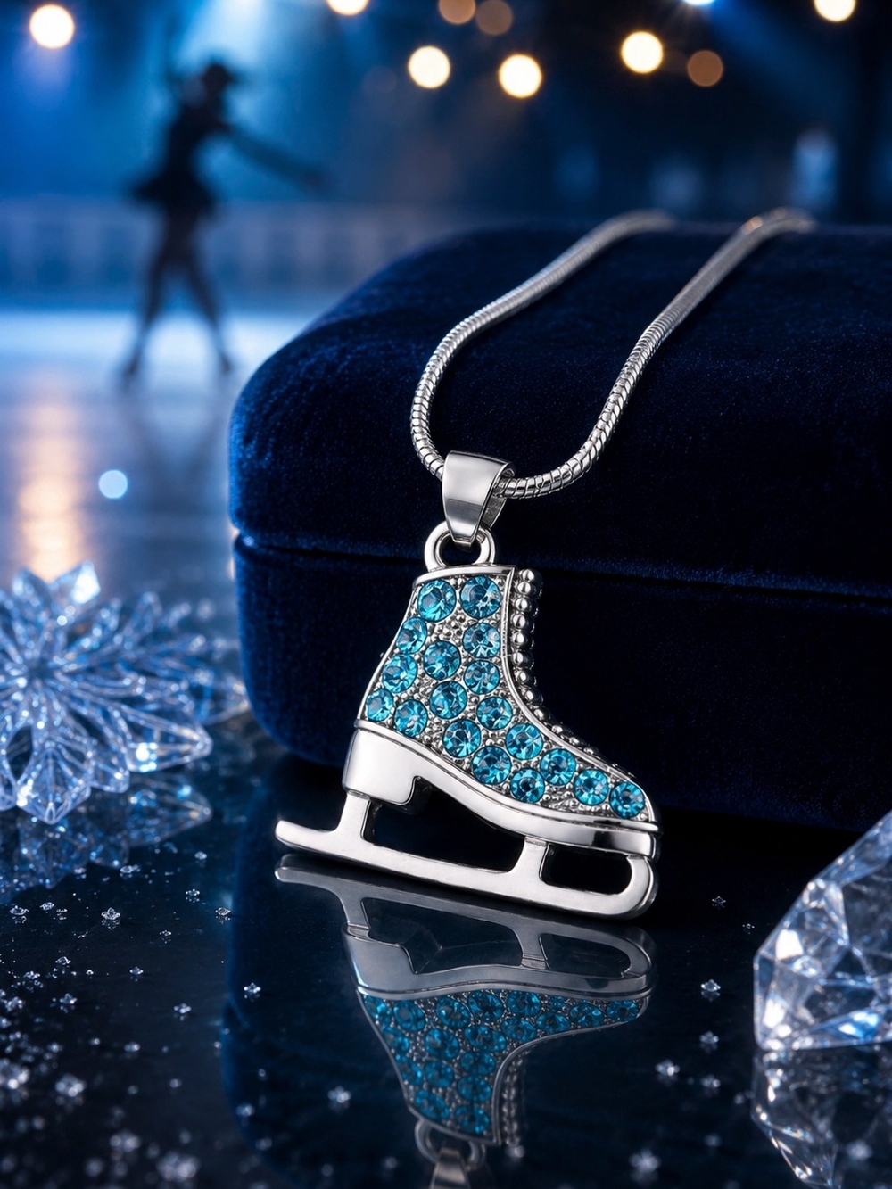 Silver Ice Skate Pendant Necklace with Blue Crystals